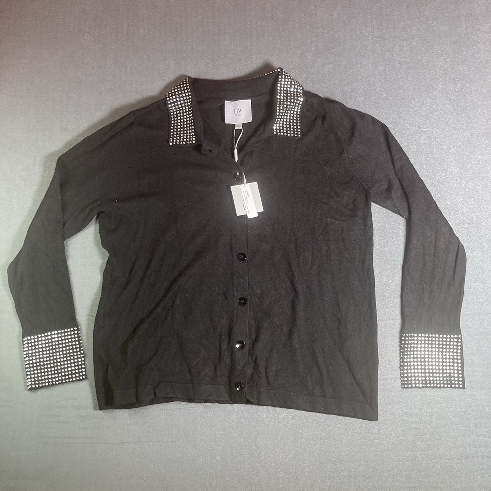 LIV Milano Black Cardigan Sweater Rhinestone Collared Cuff Button Front Women L